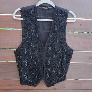 Vintage A.J. Black Beaded Vest‎ Sequin Festival Eclectic Fancy Whimsigoth M